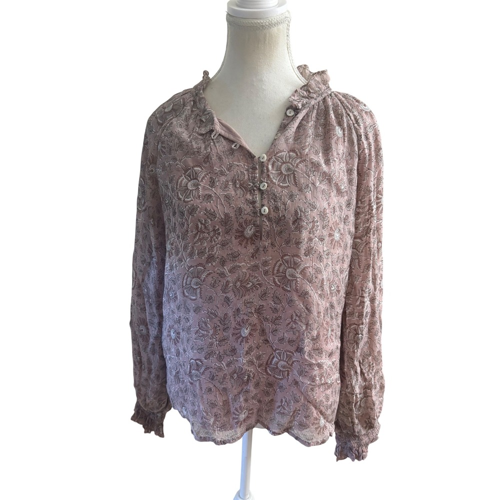 Cleobella Floral Long Sleeve Ruffle Neck Blouse Size Small
